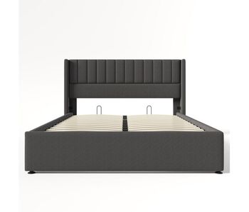 Cama contenedor tapizada 180x200 cm en lino con somier de láminas - gris