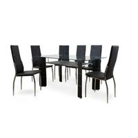 mesa de cristal templado  6 sillas en polipielmetal negro 150x90 cm