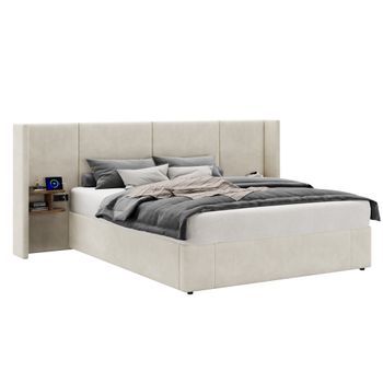 Cama Doble Tapizada De 160x200cm Con 2 Mesillas De Noche Y Almacenamiento En Terciopelo Beige