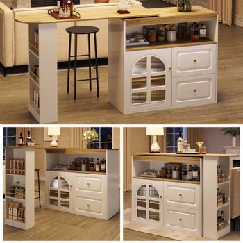 Barra Giratoria De 360°, 2 Cajones, Estante, Cristal Curvado, Blanco