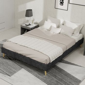 Marco De Cama Doble 140x200 Cm En Terciopelo Gris, Moderno, Con Base Baja