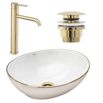 Lavabo Sobre Encimera Rea Sofia White + Grifo De Lavabo Lungo Long Gold + Tapón Gold