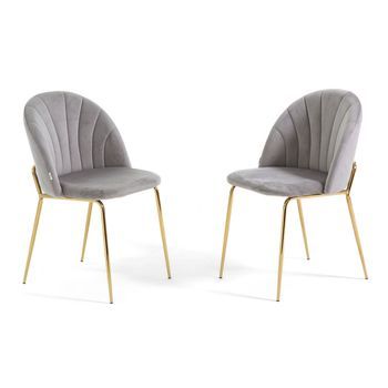 Set De 2 Sillas Tapizadas En Terciopelo Gris Con Patas De Metal Oro - Sonia