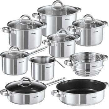 Batería de cocina, 15 piezas, ollas, cacerolas, cazo, vaporera y tapas