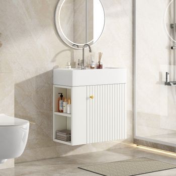 Mueble De Baño Con Lavabo De 55 Cm, Suspendido Blanco, Cierre Suave