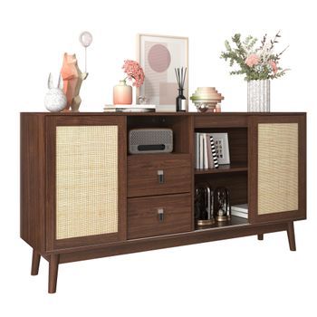Aparador - Mueble De Almacenamiento - Mdf Y Ratán - Madera Oscura (155x38x80cm)