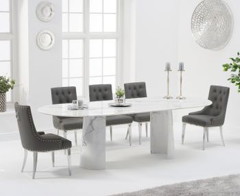 Sutton 260cm Table White Marble With Talia Faux Leather Chairs - Grey, 6 Chairs