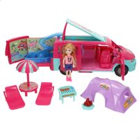 colorbaby - muneca y furgoneta rosa con accesorios camping mide 14 cm incluye tobogan piscina tienda de campana tumbonas sombrilla barbacoa munecas para ninas y ninos 3 anos