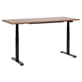 Escritorio De Altura Regulable Eléctrico Diseño Moderno Patas Redondas 160 X 72 Cm Tablero Madera Oscura Soporte De Acero Negro Destinas
