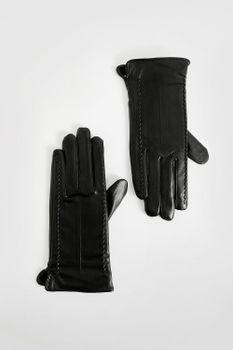 Guantes De Cuero Sintético Con Detalle De Costuras, Negro