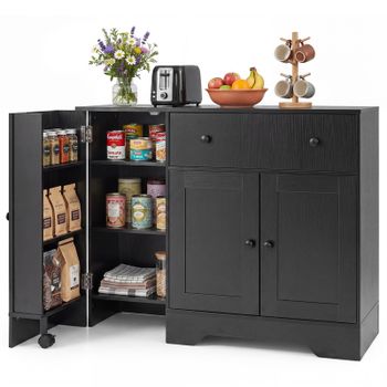Costway Aparador Negro con Puerta Giratoria y Ruedas Móviles Almacena Utensilios de Cocina Gran Espacio Interior 105 x 40 x 83 cm Negro