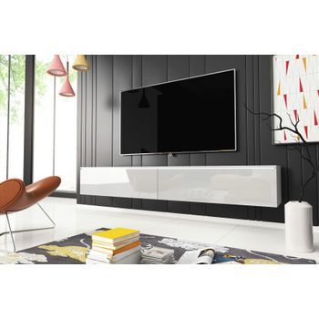 Mueble De Tv Lowboard D 180 Cm, Mueble De Televisión, Mueble De Salón, Sin Iluminación Led, Color Blanco/blanco Brillo