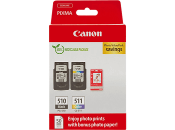 Cartucho de tinta - Canon PG-510/CL-511, 2970B017AA, 300 páginas, Incluye 50 Hojas Papel Fotográfico, Negro, Color