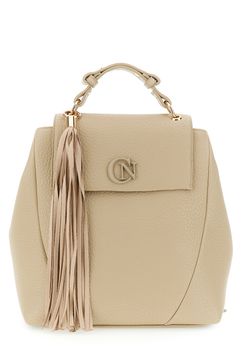 mochila con solapa efecto piel de grano grueso y logo beige taglia unica