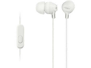 Auriculares de botón - Sony MDR-EX15APW, Con micrófono, Jack 3,5 mm, 8Hz 22000Hz, 100dB/mW, Tapones silicona, imán neodimio, Blanco