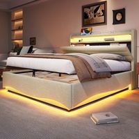cama canape con cabecero de 140 x 200 cm - tejido de lino - leds  puertos usb y tipo c - beige colchon no incluido