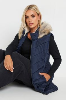 Yours Chaleco Acolchado Azul Marino Con Capucha, Mujer Curvy Y Tallas Grandes, Yours