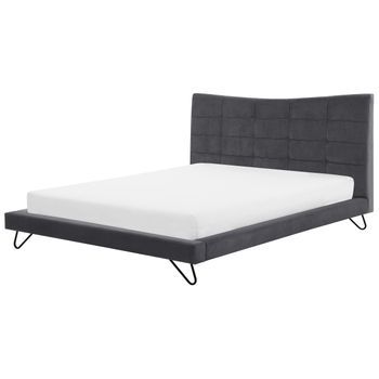 Cama Doble Tapizada En Terciopelo Gris 180 X 200 Cm Patas De Metal Cabecero Acolchado Diseño Moderno Lannion