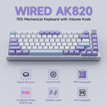 Teclado Mecánico con Cable AJAZZ AK820, Perilla de Control de Metal CNC, Estructura de Montaje con Junta de 81 Teclas, Intercambio en Caliente de Todas las Teclas, Diseño Retroiluminado, para Juegos y
