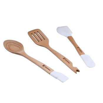 Set de 3 utensilios de cocina en silicona y madera marrón