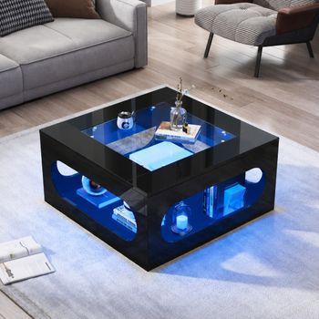 Mesa De Centro Cuadrada Negra De 70 X 70 X 35 Cm Con Cristal Templado Y Luces Led