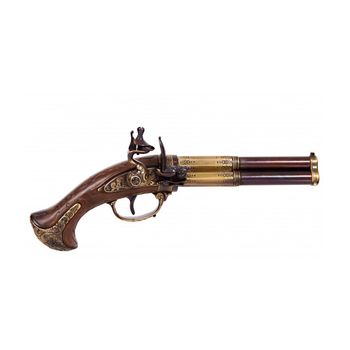 Réplica de pistola de chispa de 3 cañones giratorios del Siglo XVIII, fabricada en metal y con cachas de plástico imitación marfil, con mecanismo simulador de carga y disparo, con cañón ciego, no funciona, para decoración