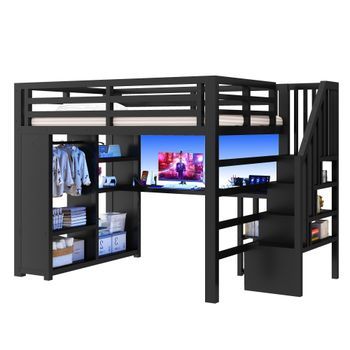 Cama Alta Metálica Negra 140x200 Cm Con Escritorio, Led, Usb Y Armario Abierto