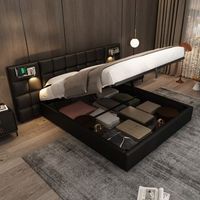 cama tapizada doble 180x200 hidraulica usb carga inalambrica luz almacenamiento somier listones pu negro