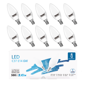 Aigostar - Bombilla LED C37, Forma de Vela, E14 Casquillo Fino, 6W Equivalente a 40W, Blanco Frio 6500K, 510 Lúmenes, CRI> 80, No regulable, Pack 10 uds