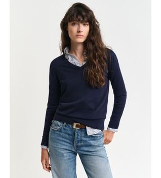 Gant para mujer. 4800400 Jersey de cuello de pico en punto fino marino (S), Casual, Algodón Orgánico, Sostenible