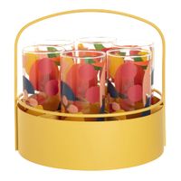 vasos con estampados de frutas multicolores x6 sobre un soporte de hierro amarillo claro