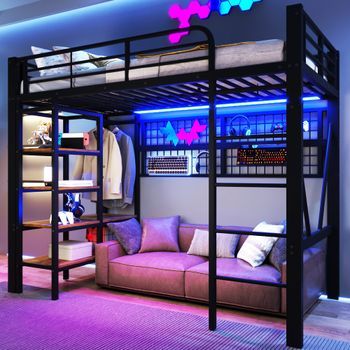 Cama Alta 90 X 200 Cm Con Red, Baldas Y Barra Para Colgar Ropa - Metal - Leds - Negro (colchón No Incluido)