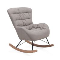 silla mecedora tapizada beige con patas de metal y madera
