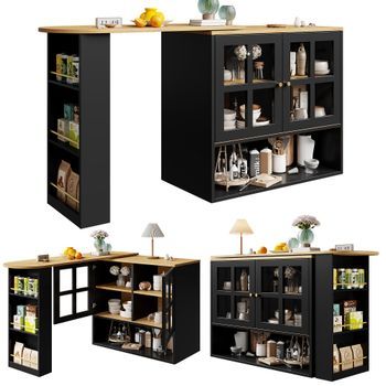 Isla De Cocina Negra Con Almacenaje Y Mesa De Bar Giratoria 360 Grados, Extensible 138-204cm, Madera Mdf, Negro