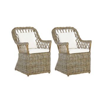 Conjunto De 2 Sillas De Jardín De Ratán Natural Blanco Crema Algodón Cojines De Respaldo Interior Maros