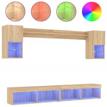Muebles Tv | Mueble De Salón | Gabinete De Tv Pared Con Led 6 Pzas Madera Ingeniería Roble Sonoma