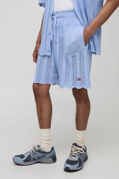Pantalón Corto Holgado De Punto Croché Con Bordado Man, Azul