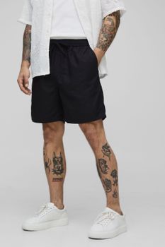 Pantalón Corto Holgado De Largo Medio Con Cintura Elástica Y Mezcla De Lino, Negro