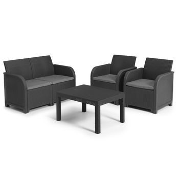 Keter Conjunto De Jardín Sanremo Con Dos Sillones Y Sofá De 2 Plazas Con Mesa Auxiliar, Resina Imitación Ratán Trenzado.