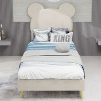 cama individual tapizada en tela diseno moderno minimalista cabecera de dibujos animados beige 90x200 cm base solida baja