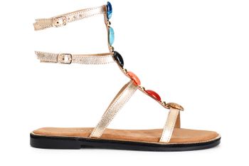 sandalias de piel con dos hebillas y pedrería. gold