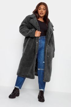 Yours Abrigo Largo Negro De Borreguito, Mujer Curvy Y Tallas Grandes, Yours
