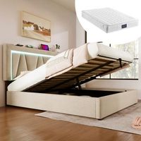 cama contenedor 140 x 200 cm para adultos - usb  tipo c  led - tejido lino - beige  colchon