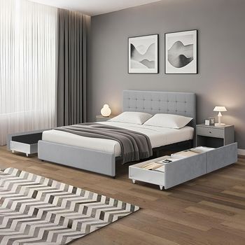 Cama doble 160x200 con almacenamiento, 4 cajones, cabecero capitoné en terciopelo gris, somier incluido – ELLIE