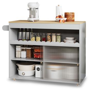 Isla De Cocina Plegable Con Puertas Correderas De Cristal Y Ruedas, 122x69x91cm, Chapa De Roble, Blanco Y Madera