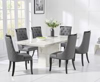 carvelle 160cm white pedestal marble dining table with angelica chairs