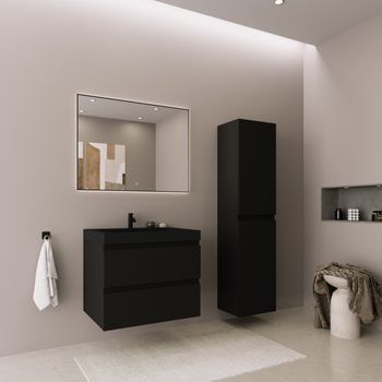 Conjunto De Mueble Baño Suspendido Con Lavabo Negro 60 Cm Con Columna Negro Mate - Lomazoo Avalon
