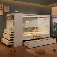 cama infantil individual de pino con 5 cajones uno de ellos con ruedas barrera de seguridad blanca y natural 90x200 cm