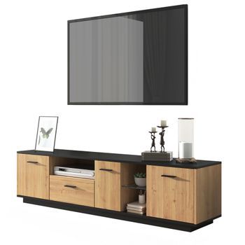 Mueble Tv 180 Cm, Mesa Para Tv 70 A 79 Pulgadas Con Luces Led Y Almacenaje, Mdf, Mueble Tv Negro Y Madera