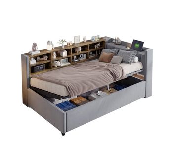 Cama individual de terciopelo 90x200 cm con almacenaje,gris claro